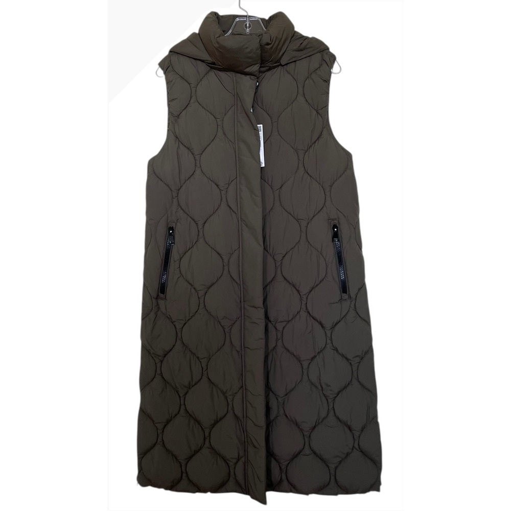MNG Mango‎ Women Olive Green Longline Quilted Puffer Vest Size Medium Hooded